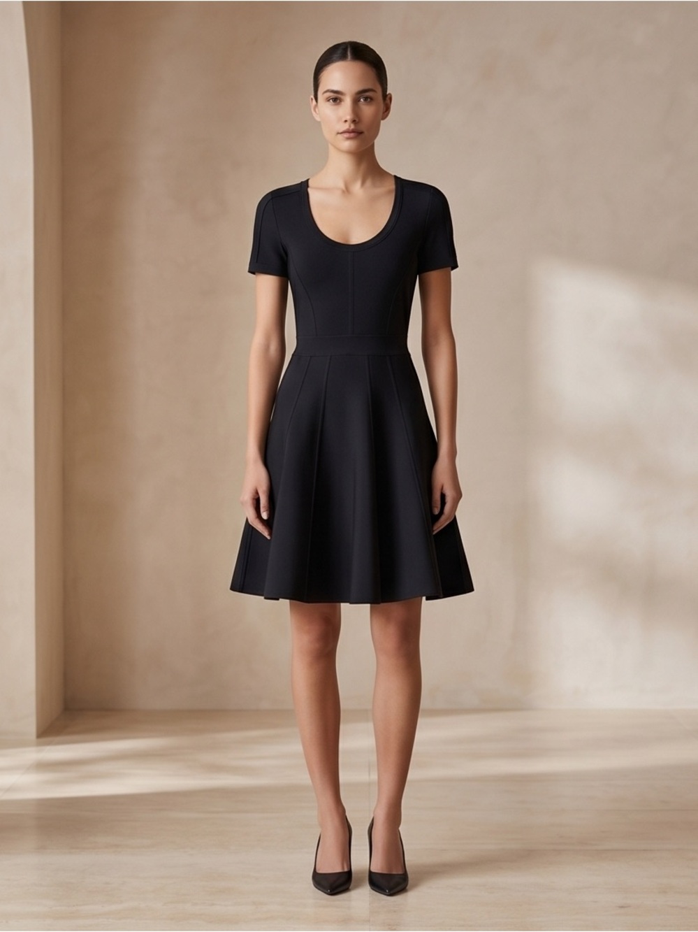 Herve Leger Black Short-Sleeve Flared Mini Dress